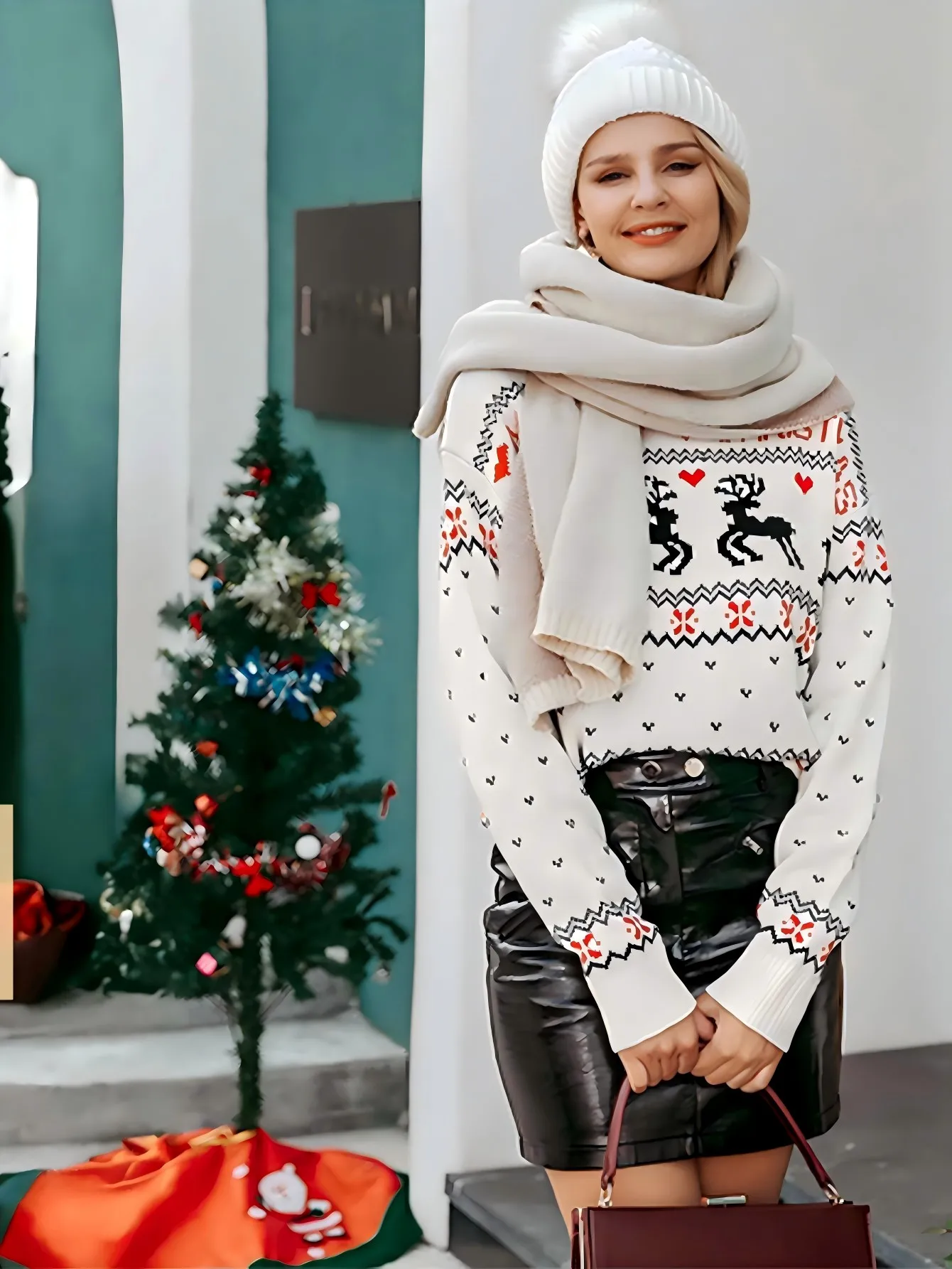 Loose sweater long sleeves round neck sweetheart neckline design, Christmas theme cute animal pattern ribbed neck pullover