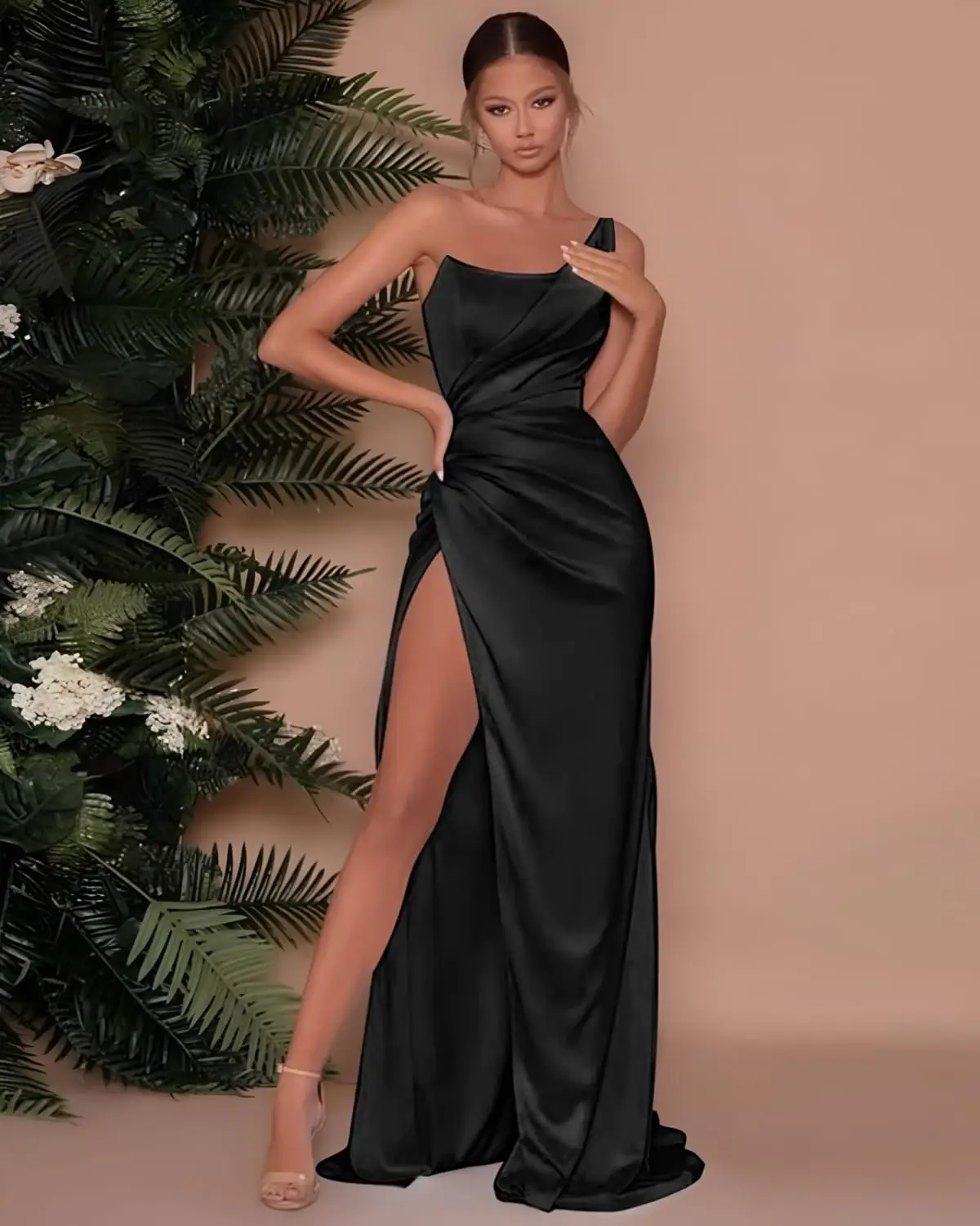 

Sexy One Shoulder Satin Ruched Prom Dress Backless With Split Formal Dress Long robes de soirée Bridesmaid Dresses فساتين سهرة