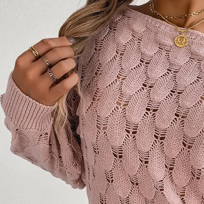 

Fashion Feather Hollow Out Pullover Women Long Sleeve Sweater 2025 Spring Autumn New Lady Knitted Pullovers Tops Streetwear