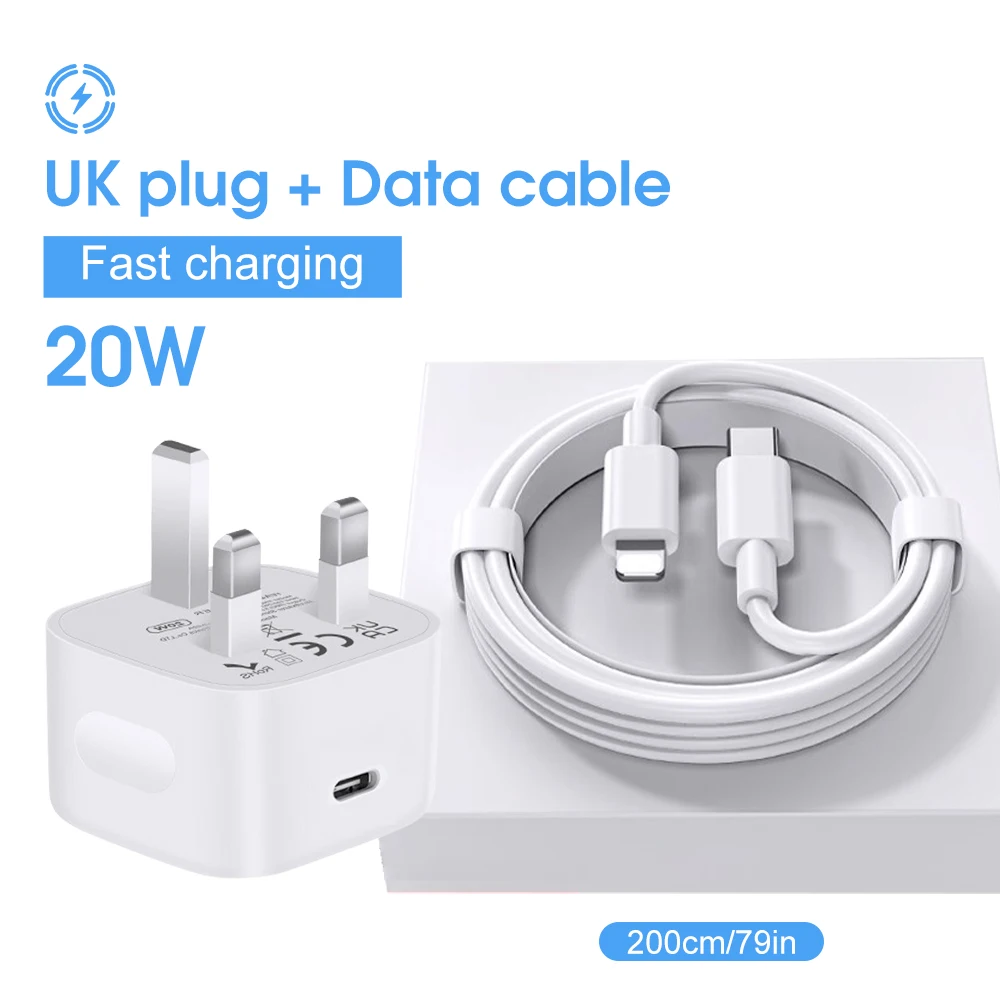 كابل USB 20 وات ومحول توصيل PD UK لهاتف Apple iPhone 14 13 12 11 Pro Max 7 8 Plus XS XR شاحن سريع من النوع C إلى iOS سلك شحن