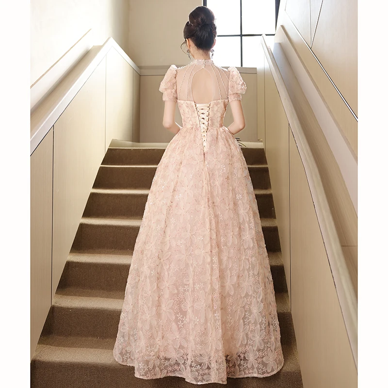 Luxury Women Evening Dresses Long Vintage High Neck Floor-Length Backless Lace Formal Occasion Dresses For Wedding