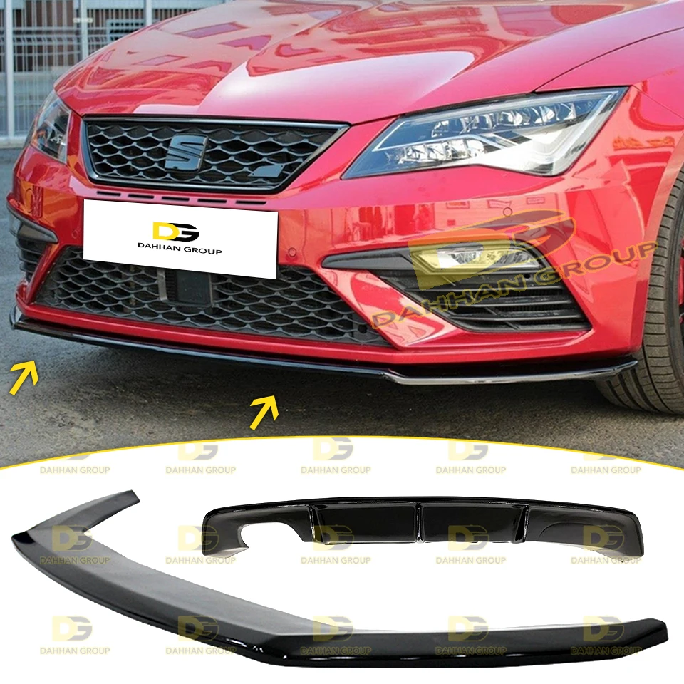 Seat Leon MK3 Facelift 2017 - 2020 Max V2 Front Splitter Lip Spoiler + Rear Diffuser Valance Piano Gloss Black Surface Plastic