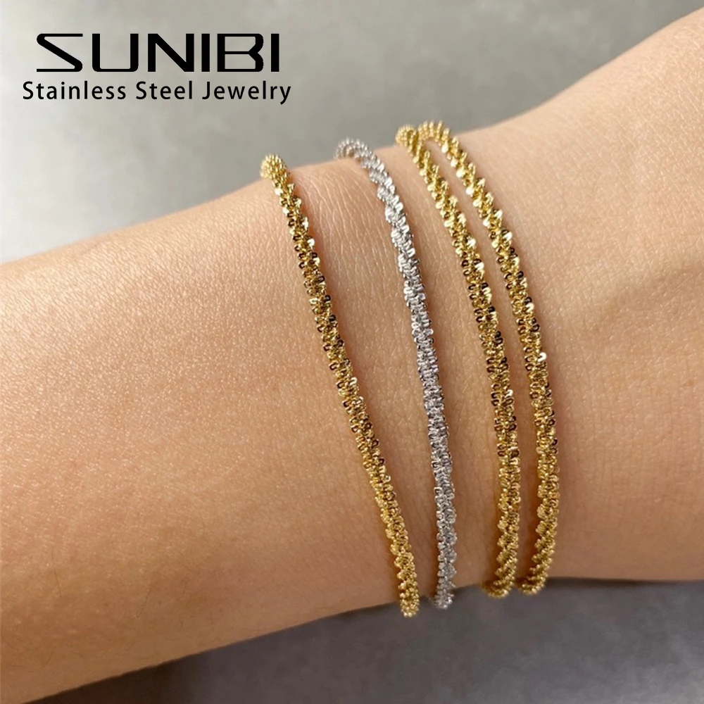 Stainless Steel Chain Bracelet for Women Silver Color Fashion Simple Shiny Minimalist Charm Bracelet Wedding Party Jewelry