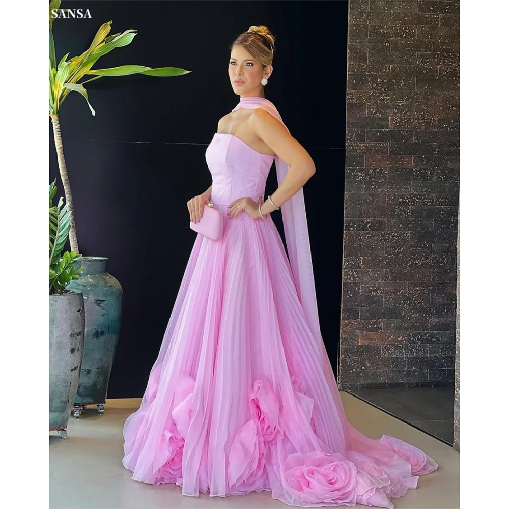

Sansa индивидуальное розовое платье без бретелек с 3D цветком для выпускного вечера платье со шлейфом без рукавов Vestidos De Noche сладкий формальный вечер