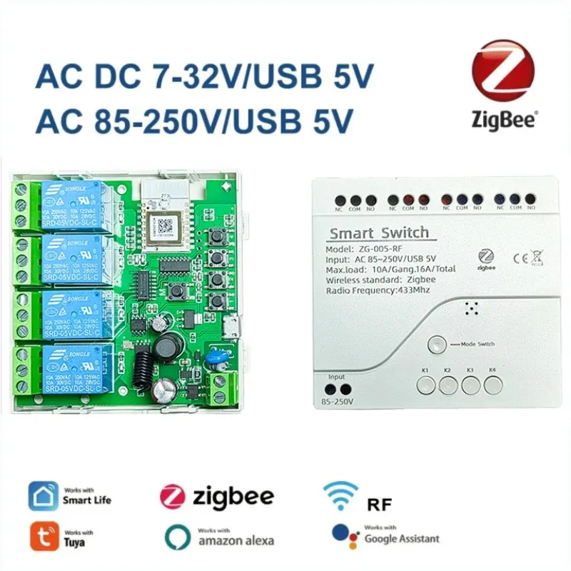 Tuya Zigbee 5-265V RF 4CH R3 Pro 4 Channel Garage Door Switch Curtain Heater TV Motor Controller Relay Courtyard Gate Module