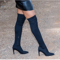 Onlymaker Sexy Female Black Lycra Bootie Thigh High Pointy Toe Stiletto Elastic Over The Knee Sock Long Boots Large Size Shoes