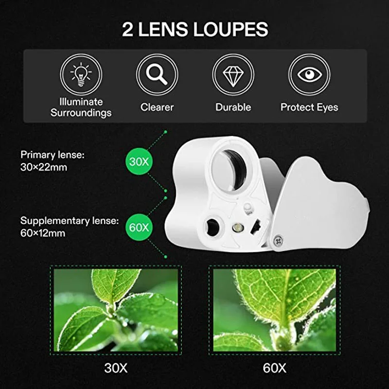 Imagem -03 - Joalheiros Iluminados Lupa Lupa de Jóias Dobrável com Luz Led Brilhante Gems Jóias Moedas e Selos 30x 60x