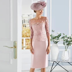 Elegante vestido de fiesta de invitados de boda para mujer, mangas 3/4, vestidos de Madre de la novia, encaje hasta la rodilla, Formal, cuello redondo, flor