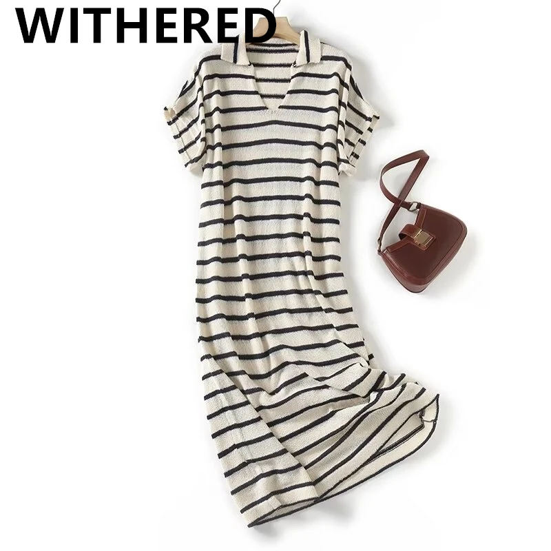 

Withered Fashion Summer Dress Women Ladies Striped Retro Vacation Style Casual Loose Dolman Sleeve Midi Dress