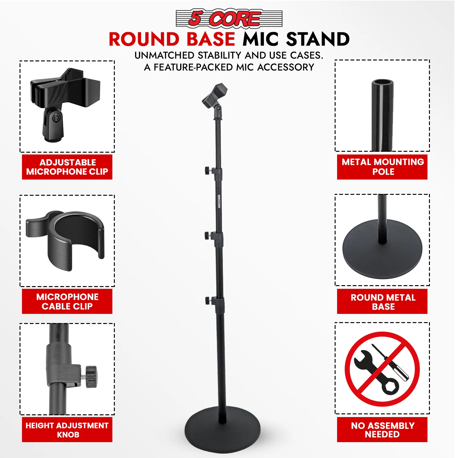 5 Core Mic Stand Floor Adjustable Round Base Universal Metal Microphone Stands MS RBL 3T