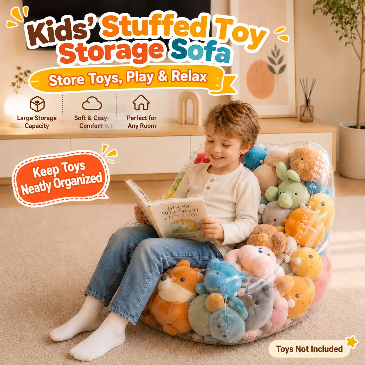 1ps Stuffed Animal Storage Bean Bag Chair for Kids, Large Toy Organizer Sack, Cozy Seat Sofa for Playroom Bedroom image 3