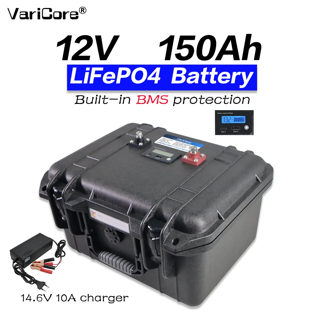 Batterie LiFePO4 12,8 V 150 Ah à décharge profonde, rechargeable, avec BMS 100 A pour camping-car, caravane et stockage d'énergie solaire