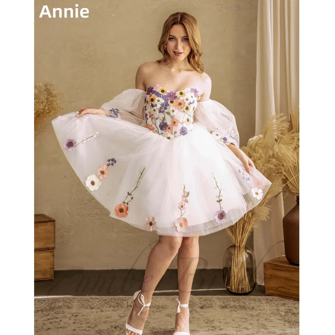 

Annie Tulle Puff Long Sleeves Prom Dresses White Floral Embroidery Evening Dresses Short Princess Party Dresses فساتين سهرة