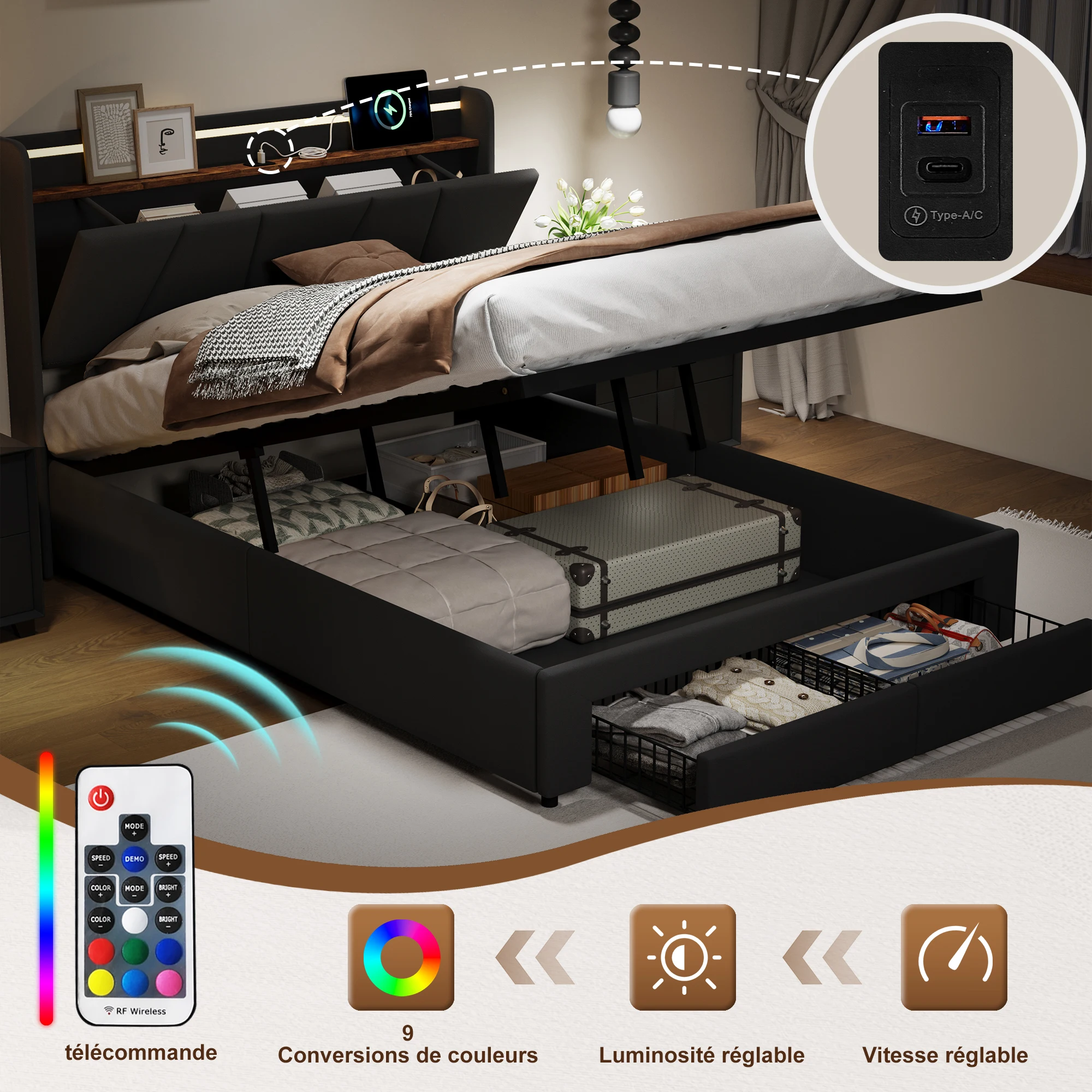 Rosahqnda Rastrelliere idrauliche per letto matrimoniale 140 * 190 cm LED, USB e cassetti Letto contenitore 140-160 * 200 cm Biancheria da letto per ragazzi