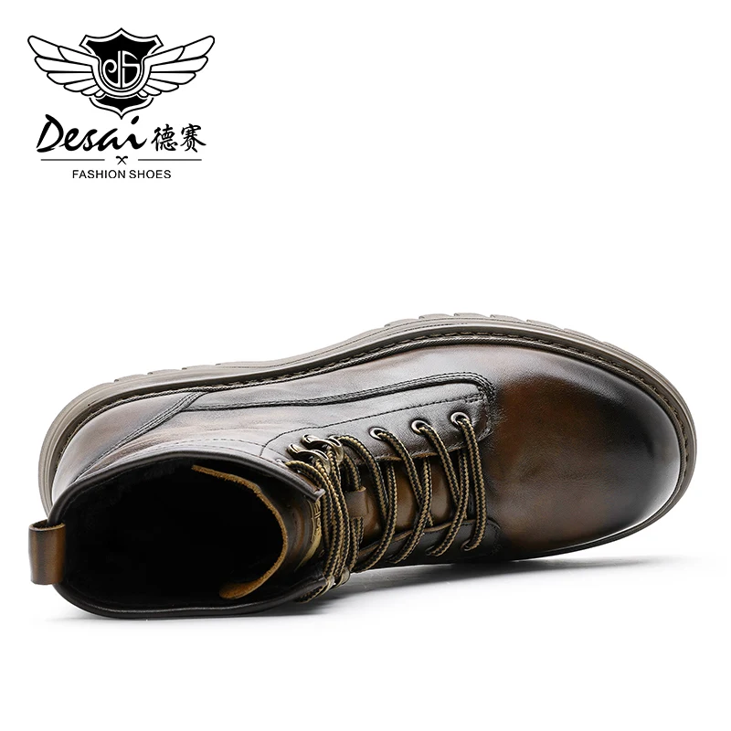 Desai Brand Men Boots Winter Cowboy Full Grain Genuine Leather Military Men Motorcycle Shoes Casual Work Fashion High Quality