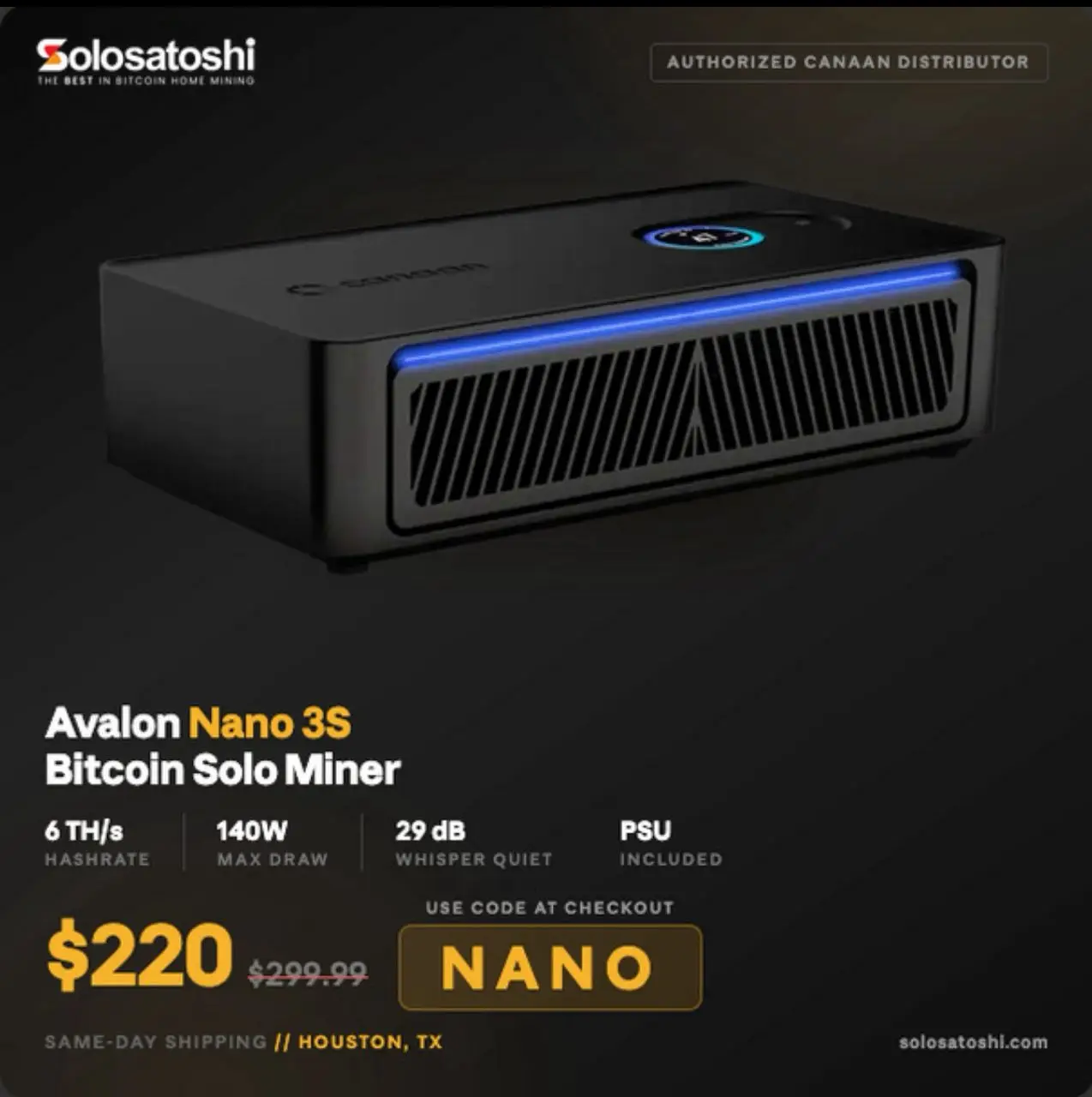 

ЛУЧШИЕ ПРЕДЛОЖЕНИЯ: КУПИТЕ 2, ПОЛУЧИТЕ 1 БЕСПЛАТНО. Bitcoin-майнер Canaan Avalon Nano 3S 6TH/s, 6TH/S, 140W с блоком питания.