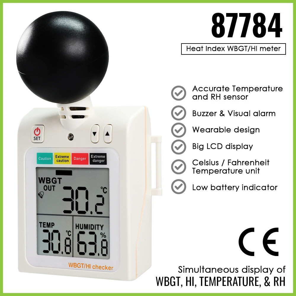 Digital Handheld 2-in-1 Heat Index Checker Wet Bulb Globe Temperature Meter Audible Alarm Indicator for Boiler Rooms Mining Site