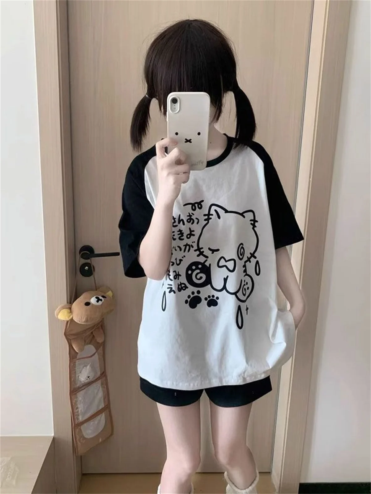 Japanische Sommer-Cartoon-Print-T-Shirts Y2K Ästhetik Lässige Lockere Kawaii Oberteile Damen Kontrastfarben Patchwork Harajuku Tees