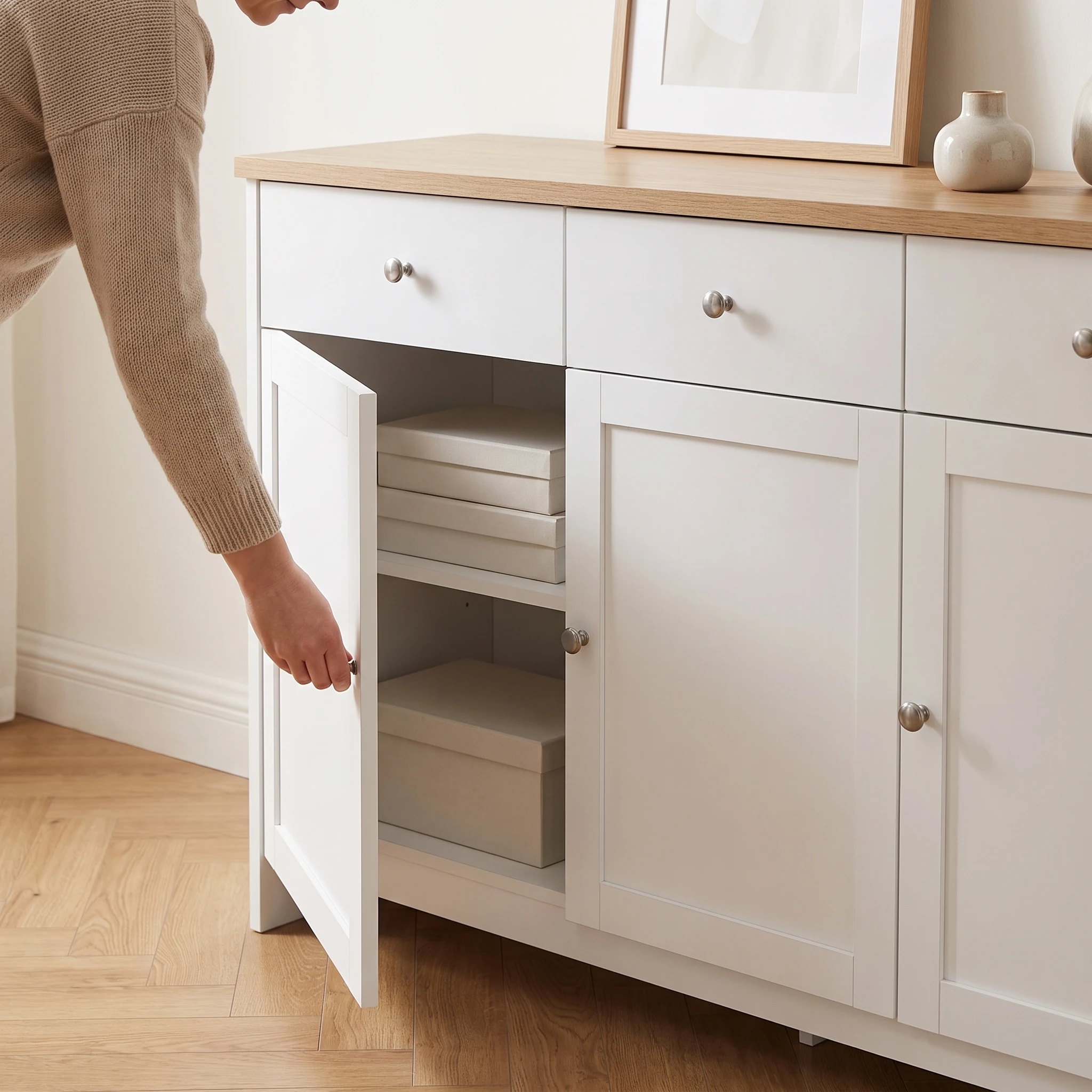Mobile buffet moderno, mobile contenitore con 4 ante e 3 cassetti, ideale per soggiorno e sala da pranzo, finitura in legno bianco, dimensioni 160x37x75 cm.