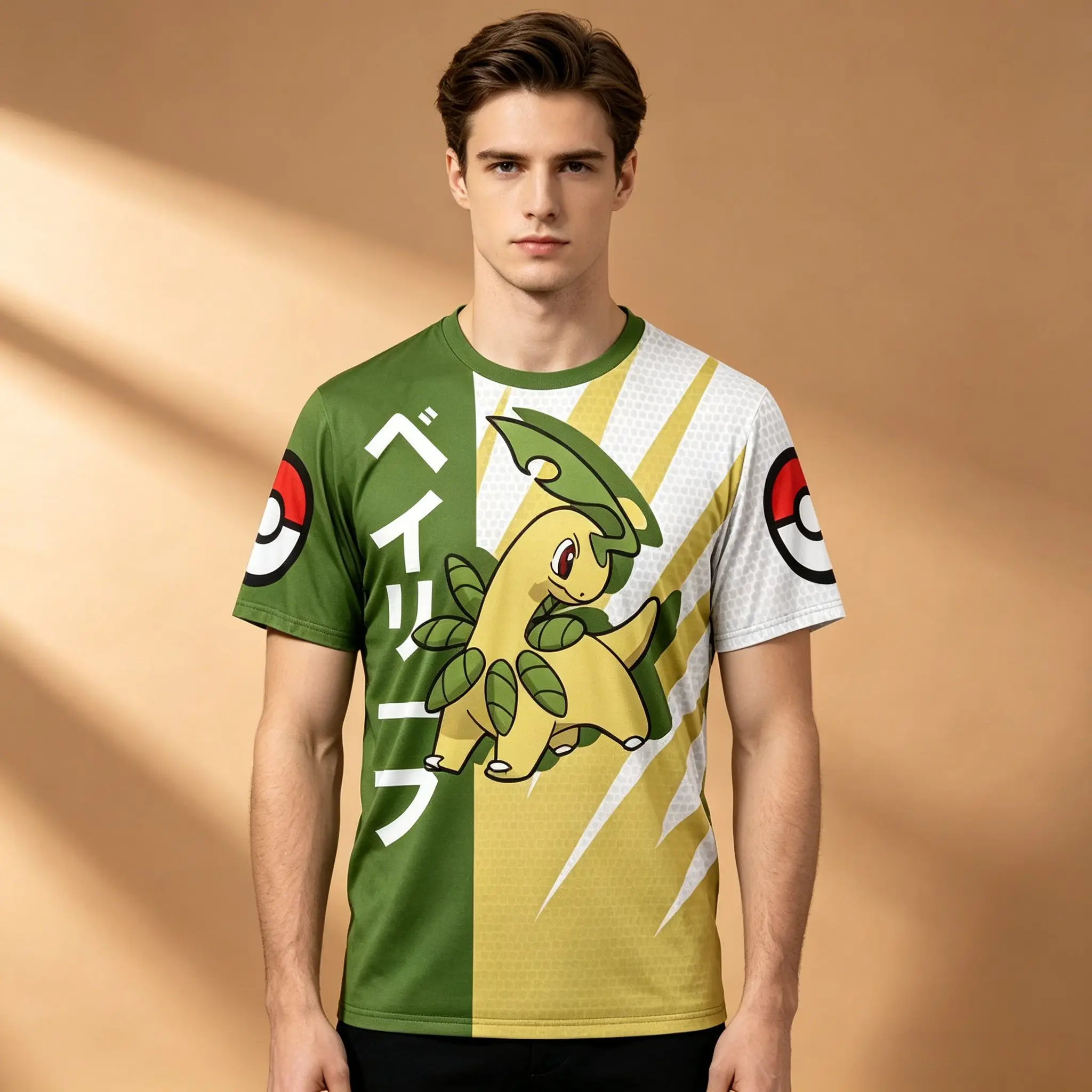 Bayleef Pokemon T-Shirt für Herren, vollständig sublimiert, zweifarbig, Pokeball, japanischer Text, Anime, lässiges Sport-Mesh-Kurzarm-T-Shirt