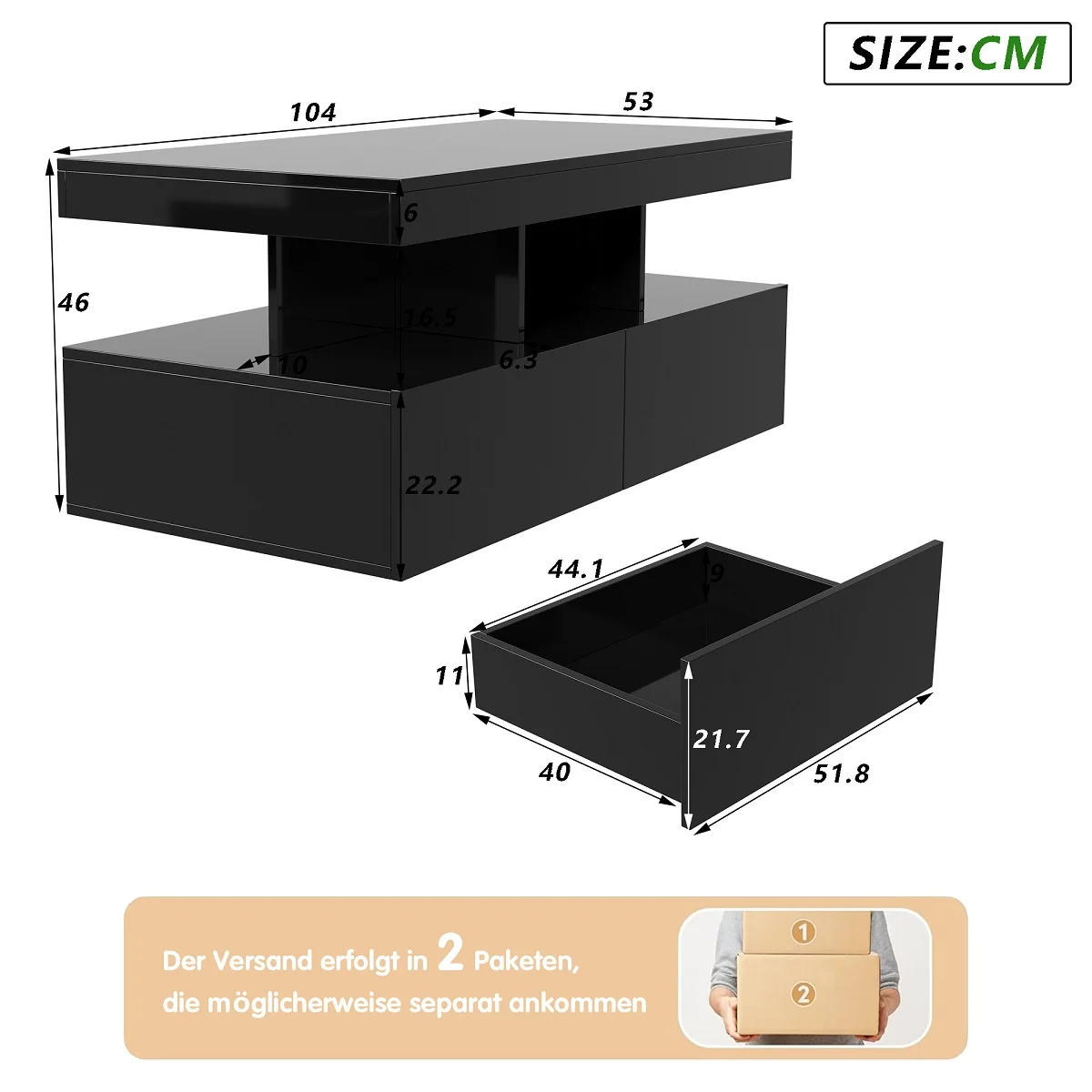 High Gloss coffee table, side table Black with LED and 2 Drawers, Modern Sofa Table with Open Shelf, 104x53x46cm