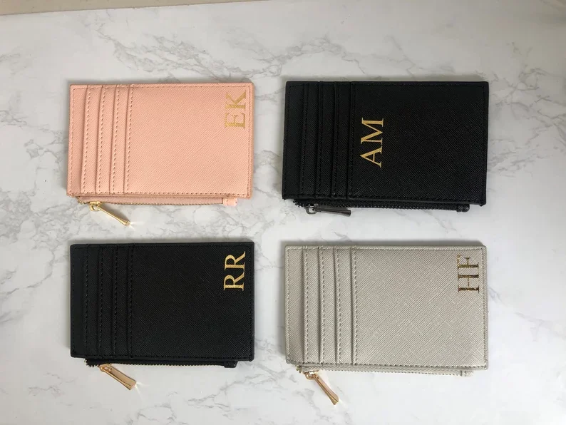 Porte-cartes monogramme personnalisé pour femme, portefeuille minimaliste personnalisé, sac à main imprimé or, cadeau de remerciement pour demoiselle d'honneur