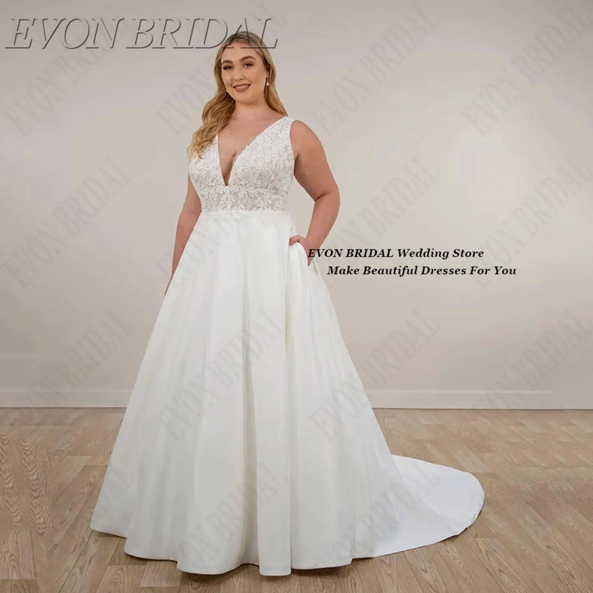 Large Size Long Satin Wedding Dresses Appliques Double V-neck Bride Gowns 2026 Customized Sleeveless Bride Dress EVON BRIDAL