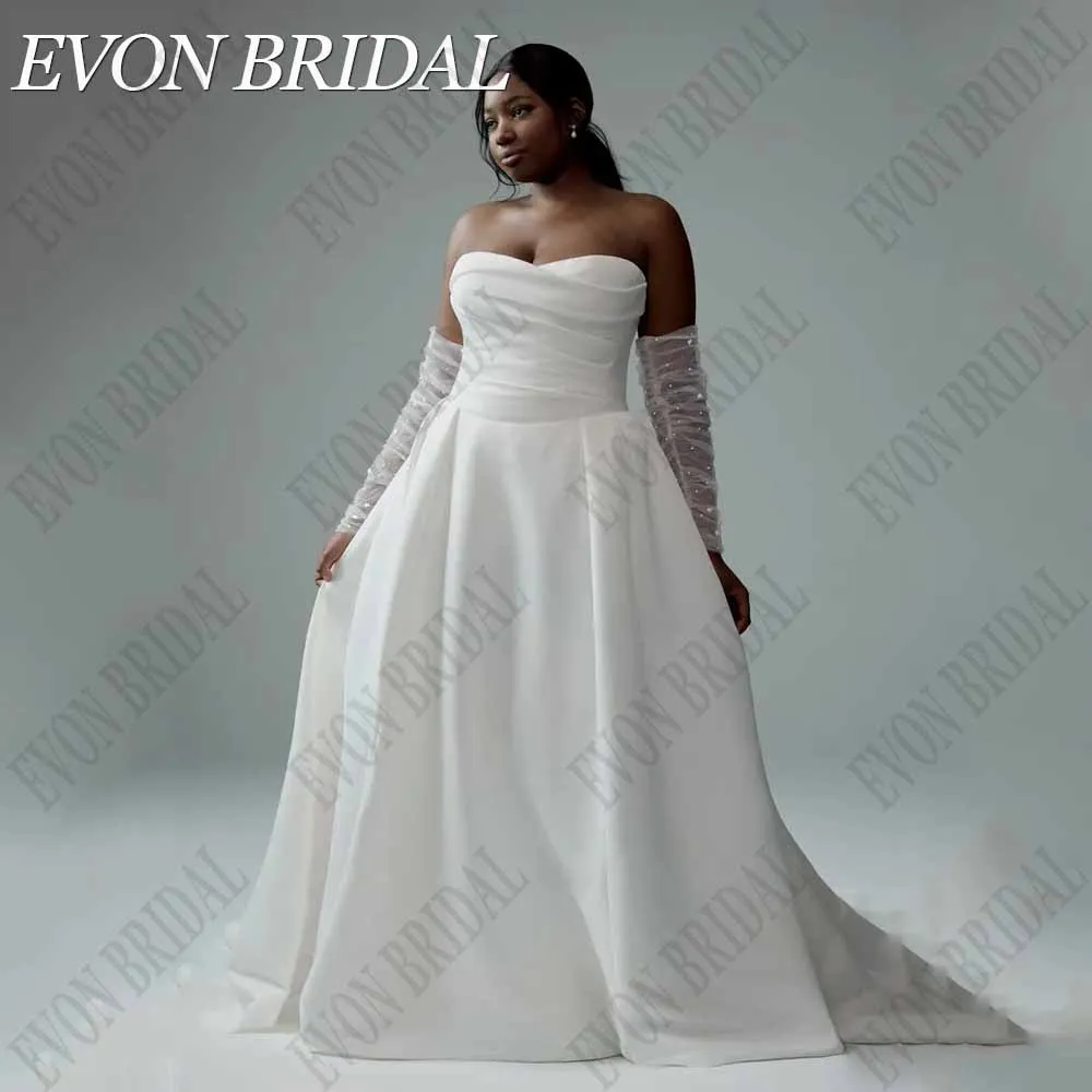 EVON BRIDAL Customized Plus Size A Line Wedding Dresses Satin Strapless Bride Gowns Button Back Classic Bridal Gown Sweep Train