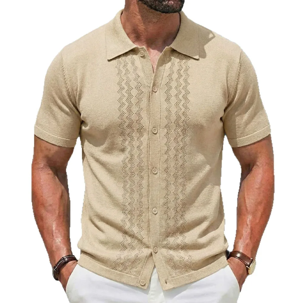 Men's Summer Knitted Shirt Short Sleeve Button-Down Textured Casual Resort Style Breathable Top 2026