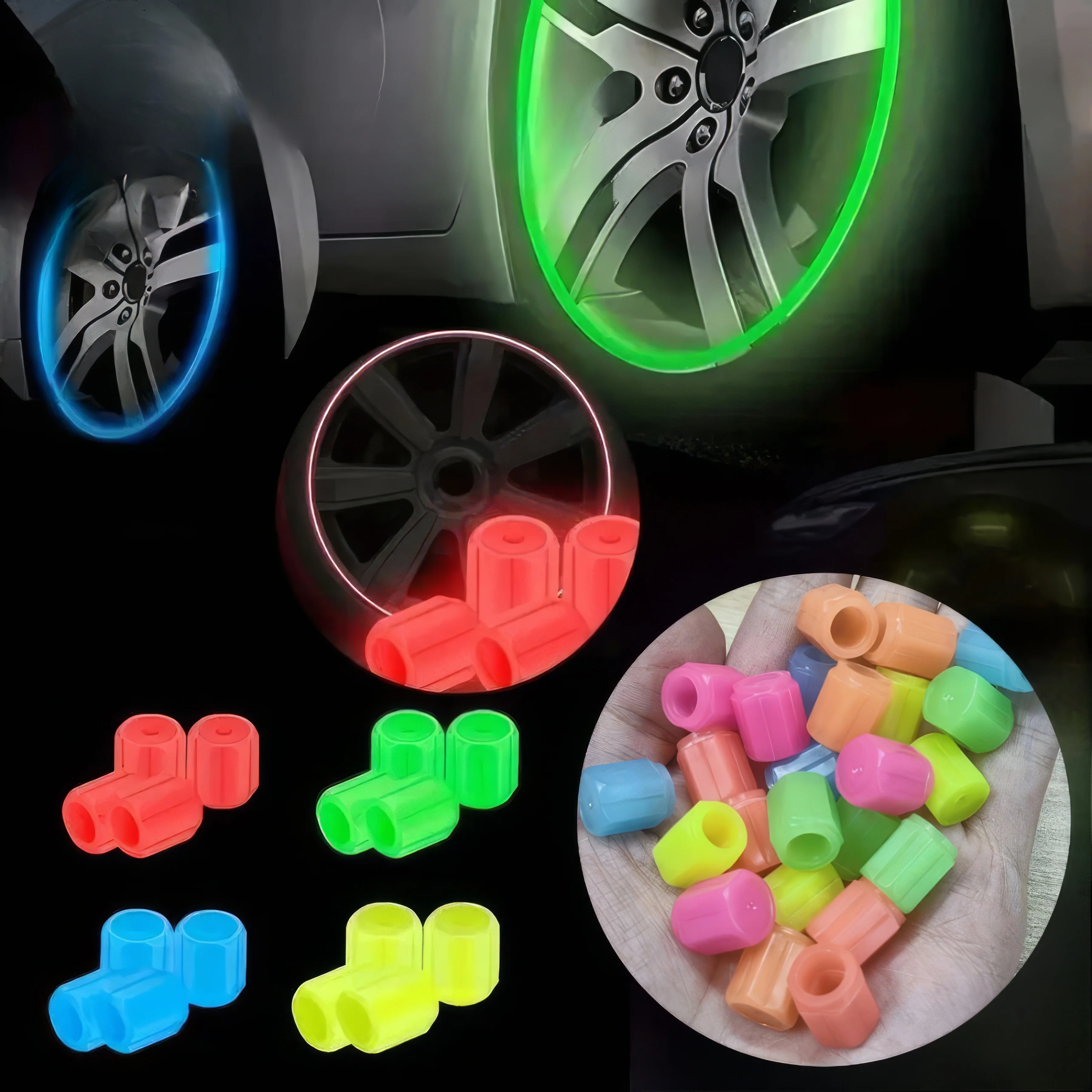 4/8/12 Luminous Tire Valve Caps, Green/blue/red, Sturdy Structure, Suitable for All Vehicle Models, Durable Car Valve Caps