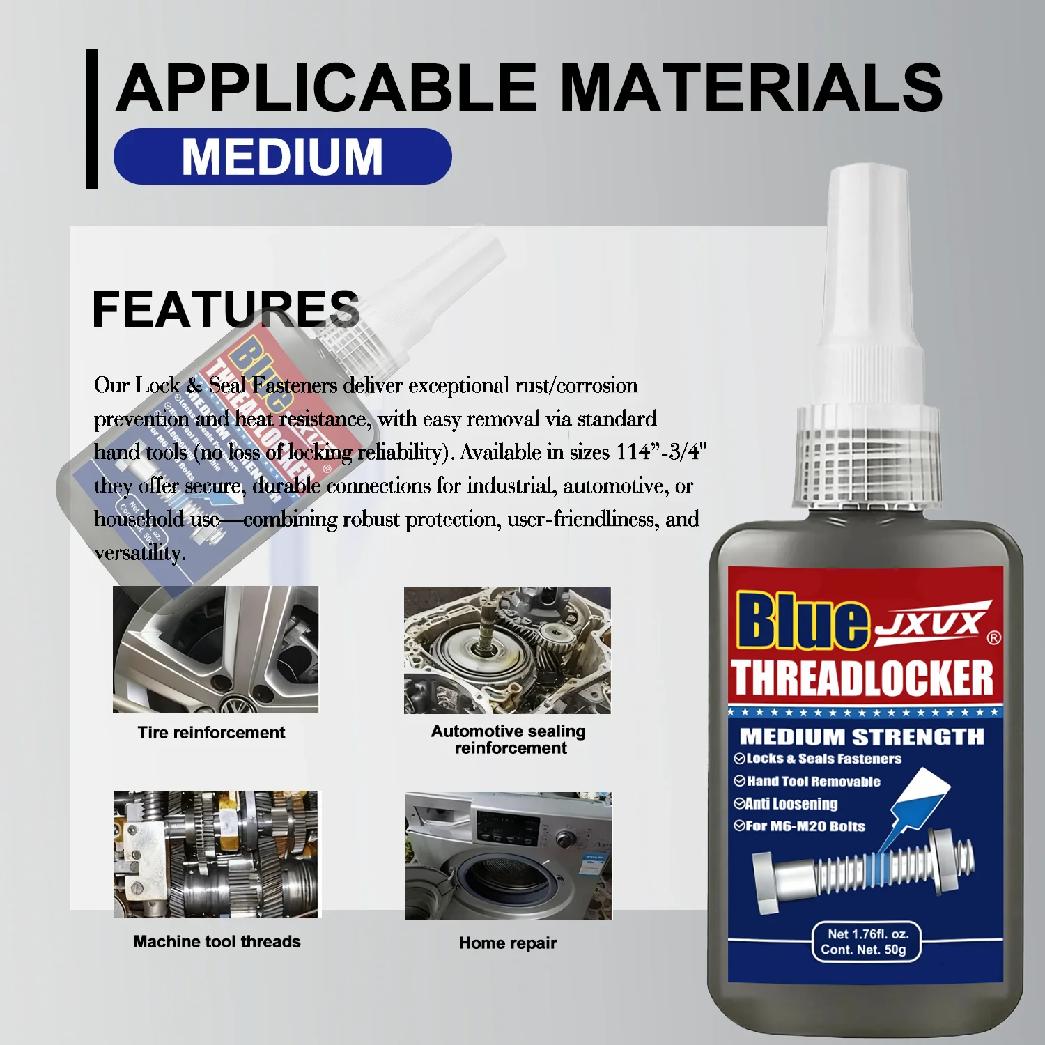 JXVX 1–6pcs 50ml Anaerobic Adhesive, Medium Strength, Quick-drying Threadlocker, Oil-Water-resistant, Heat-resistant. Suitable on metal bolts, nuts and screws, performance in automotive, machinery, electronics.