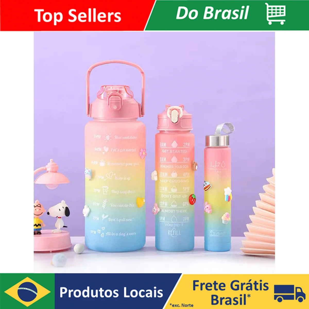 Kit da Garrafa de Água Squeeze Motivacional Com Adesivos 300ML+900ML+2000ML