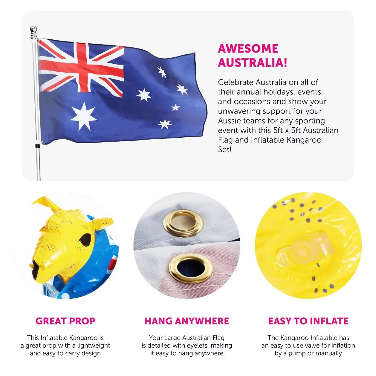 Australian Flag & Inflatable Kangaroo Australia Day Set - Perfect Decoration for Aussie Dundee & Celebrations