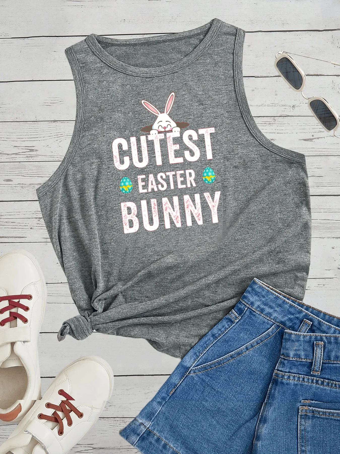 Cutest Easter Bunny Letters Print Women Tank Tops Loose O-neck Sleeveless Casual Vest Women's Tops Clothing