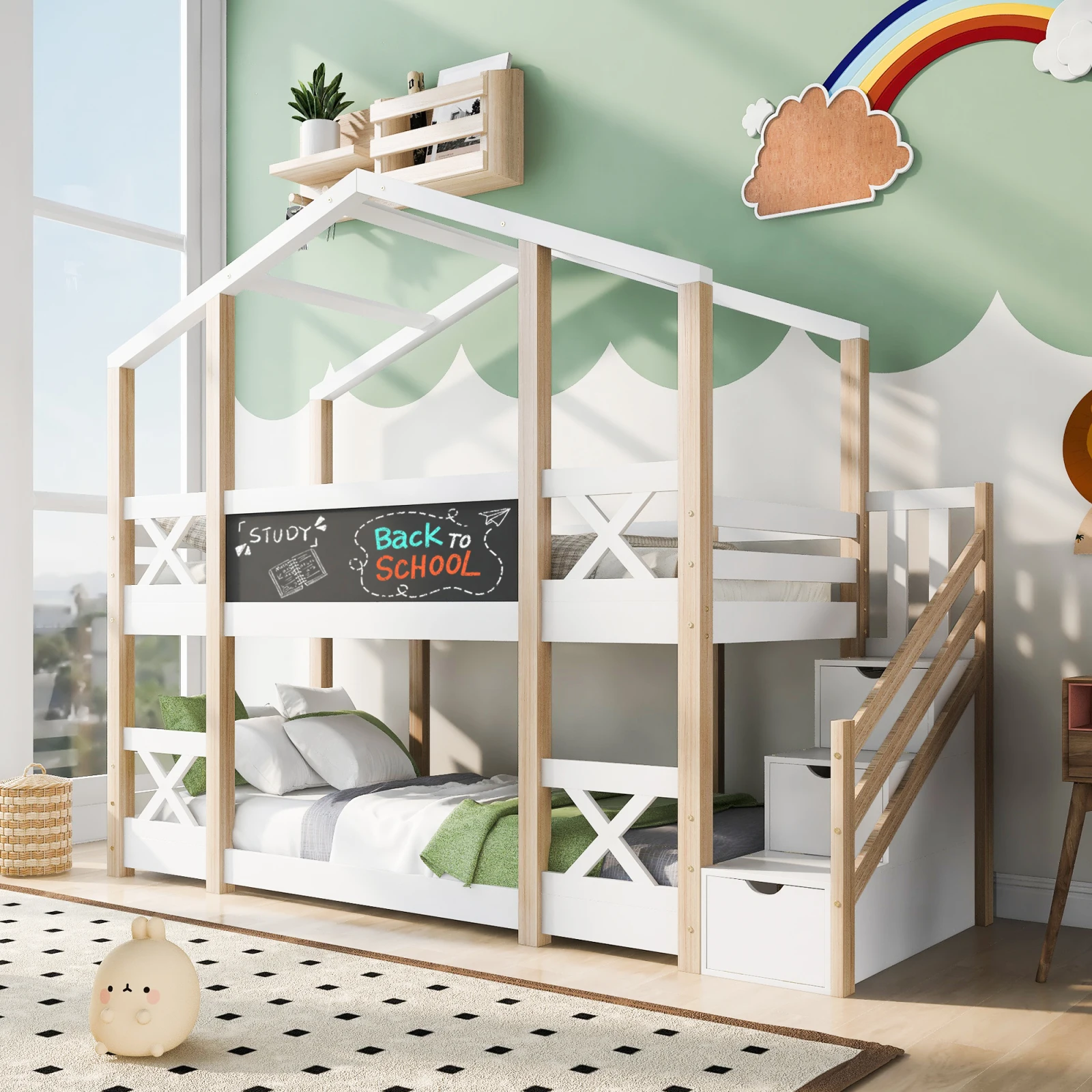 90x200cm white children's bed, tree house double layered bed frame,with blackboard with storage and anti fall device