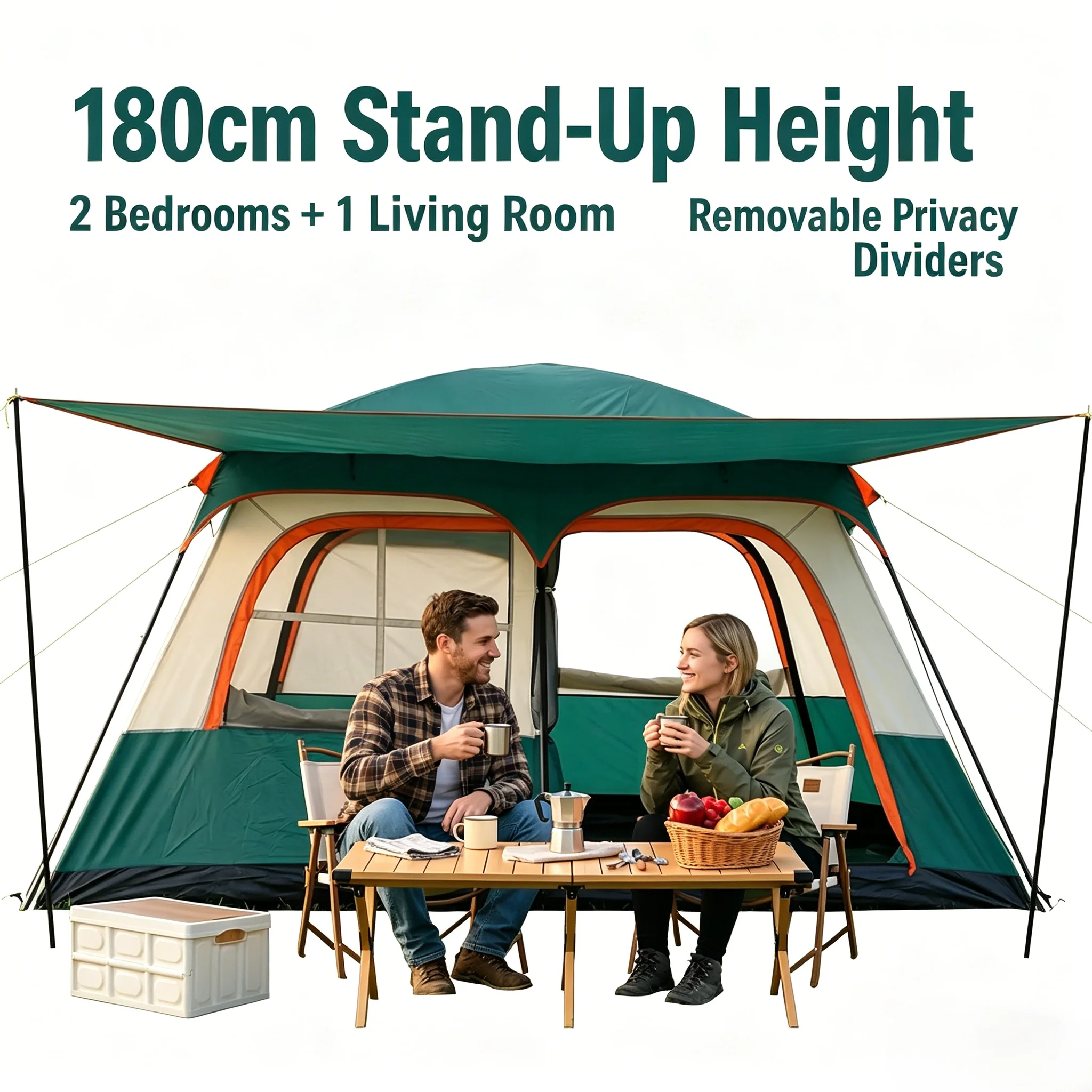 Tente de camping familiale 2 chambres avec salon central, hauteur de 180 cm, imperméable, convient à 4-6 personnes, avec sac de transport