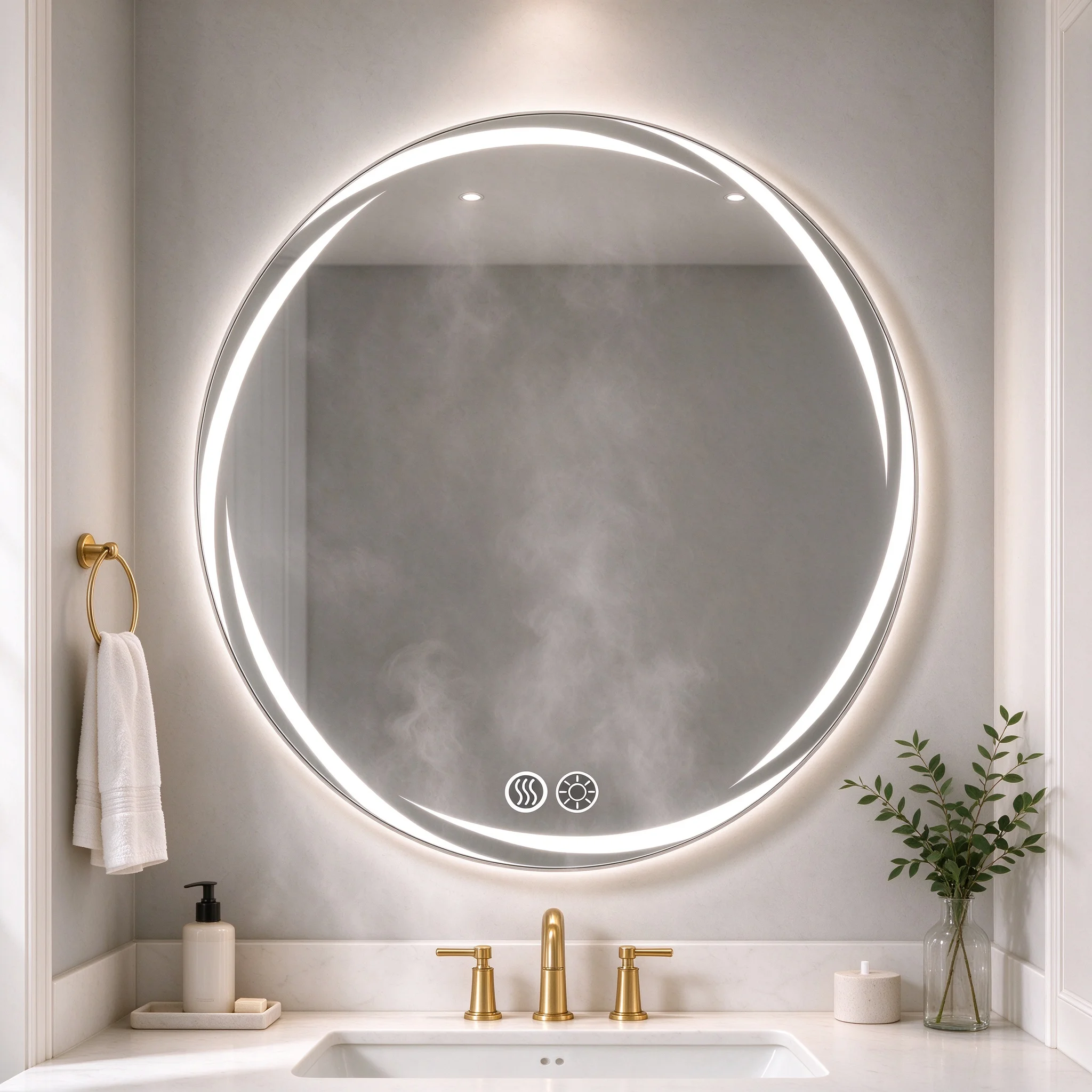 Round LED Vanity Mirror Wall Mounted, Auto Anti-Fog Bathroom Mirror, Touch Control Long Press to Adjust Brightness, Dimmable Lighted Makeup Mirror for Bathroom Bedroom Decor