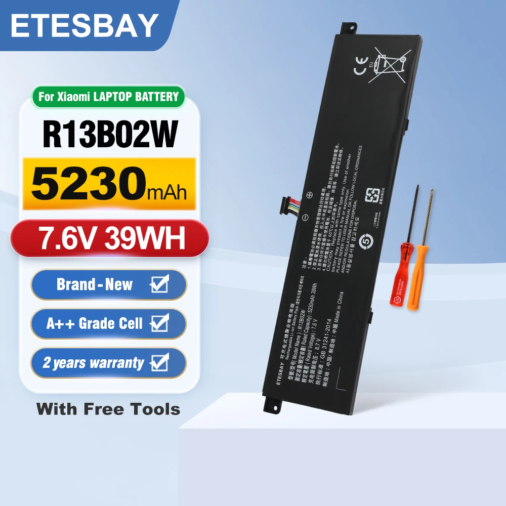 

ETESBAY R13B02W R13B01W 39WH Laptop Battery For Xiaomi Mi Air 13.3" Series Tablet PC Notebook 7.6V 5320mAh RU/CN Stock