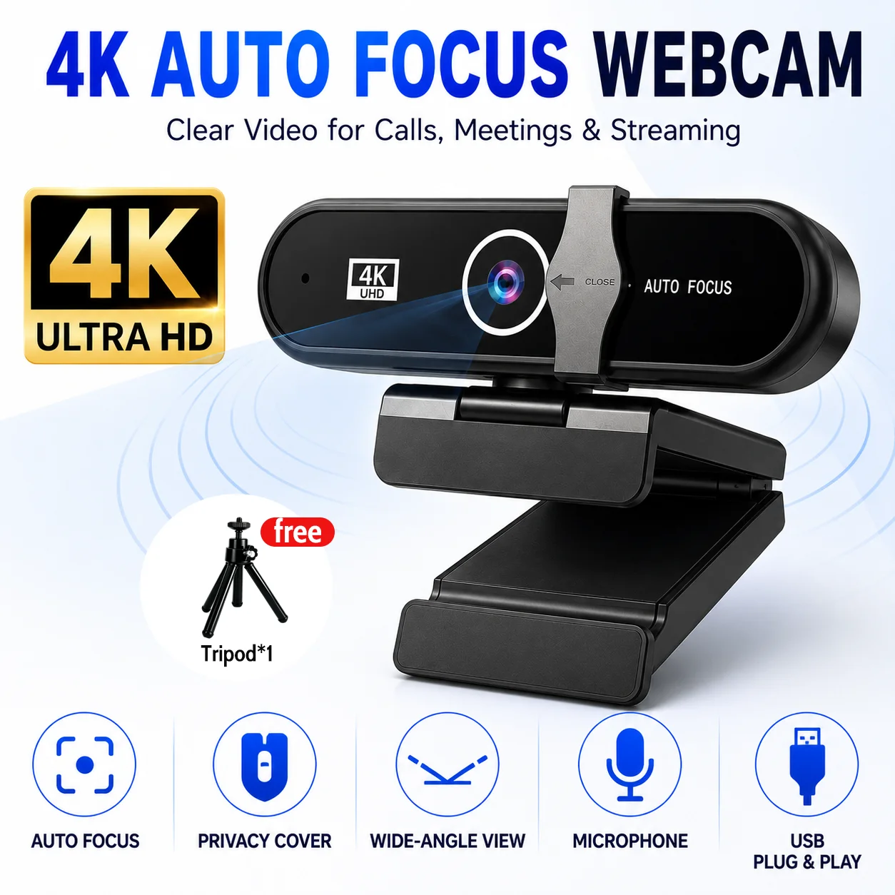 4K Webcam with Tripod Stand Auto Focus USB Camera Wide Angle Microphone Privacy Cover for PC Laptop Streaming Meeting