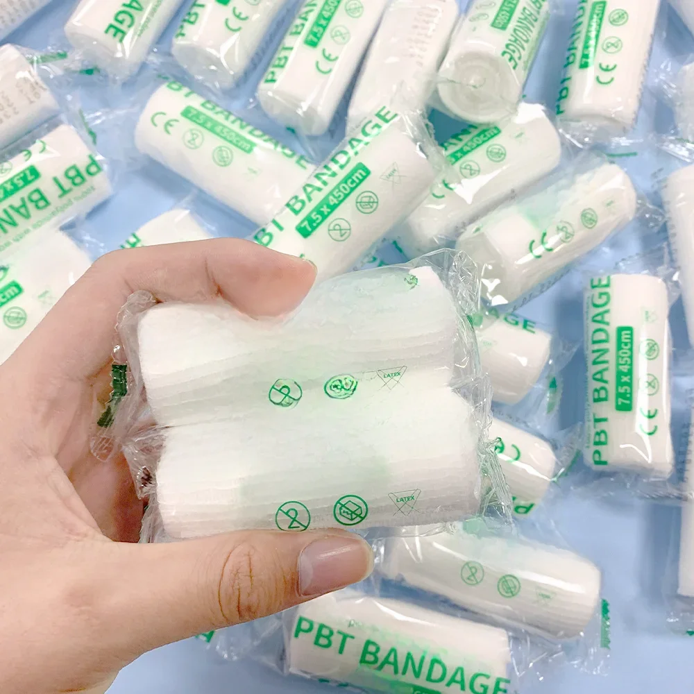 10 rolos de bandagem elástica de algodão pbt, 7.5cm x 4.5m, fornecimento médico, gaze de primeiros