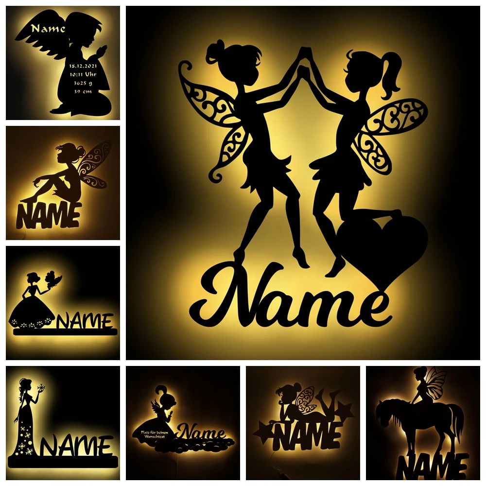 

Personalized Elf Princess LED Wall Lamp Custom Name Date Text Wooden Night Light for Kid Girl Home Bedroom Decorations 12 Style