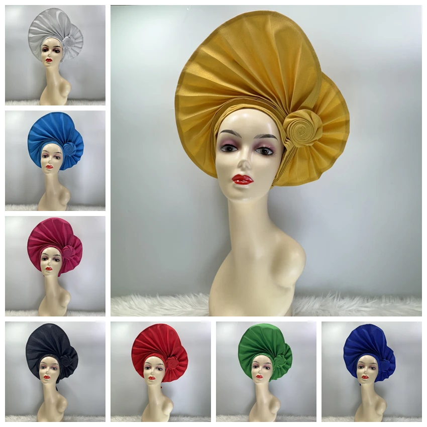 Already Made Cotton Auto Gele Women African Gele Headtie Aso Oke 2024 High Quality Plain Color Head Tie Latest Women Headwrap