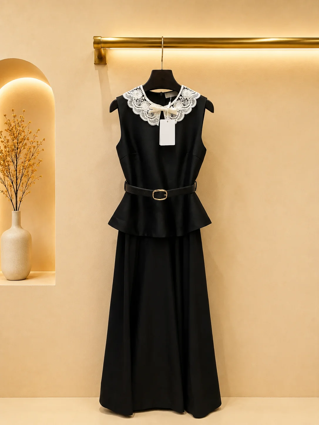 2026 Women Dress Faux Two Piece Long Garment Openwork Lace Neckline Peplum Waist Adjustable Waist Strap