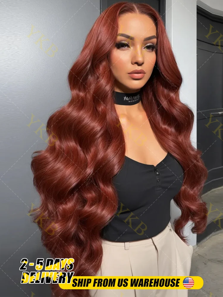 YKB 30 40 Inch Reddish Brown Body Wave 13x6 HD Lace Front Wigs Human Hair Water Wave 13x5 Lace Frontal Colored Wig High Density