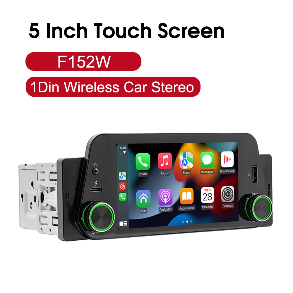 1Din Car Stereo Wireless CarPlay Android Auto Car Radio 5-Inch Touch Screen Bluetooth Handsfree Call USB Mirrorlink Audio System