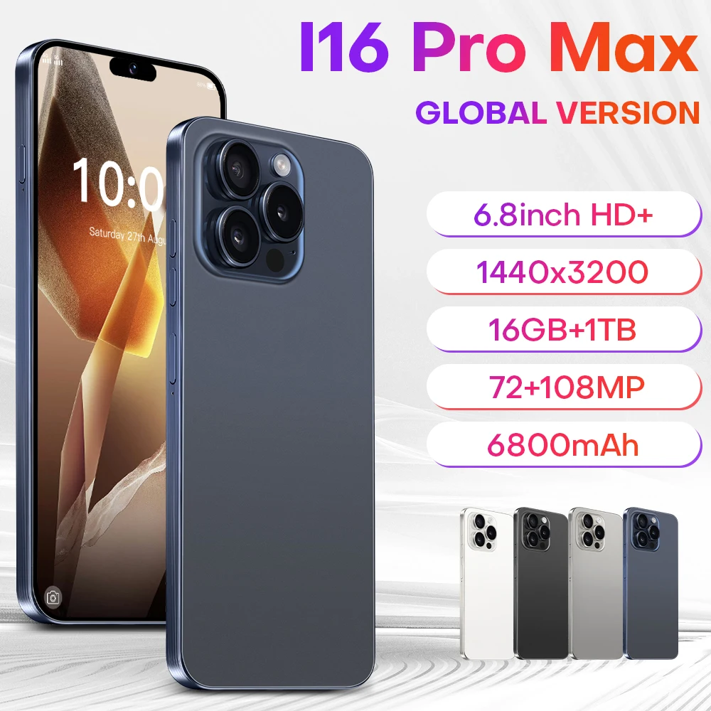 

Hot i16 Pro Max Original Intelligent 5g Dual Card Android14 Global Version 6800mah Battery 16GB 1TB Facial Recognition Function