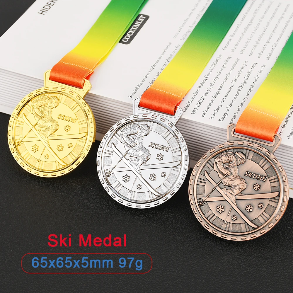 3D Winter Sport Skiing Medals Zinc Alloy Gold Silver Bronze Custom Award Medallion with Good Ribbon Custom Ski Medal Souvenirs