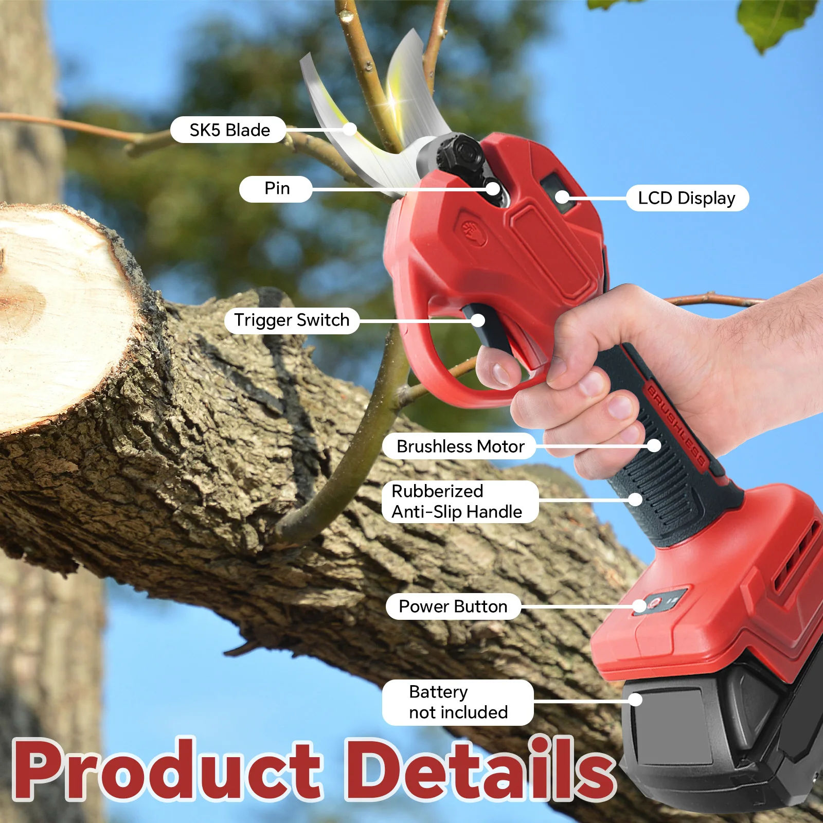 30mm Brushless Electric Pruning Shears 600W Cordless Garden Scissors with LCD Display for Milwaukee 18V Battery (No Battery)