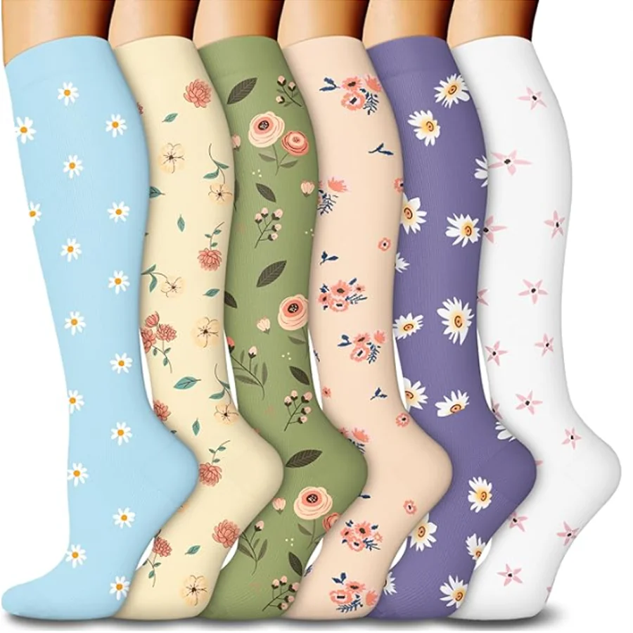 

6-парные компрессионные носки для мужчин и женщин, многоцветный цветочный узор — бег, пеший туризм, спортивные всесезонные поддерживающие носки