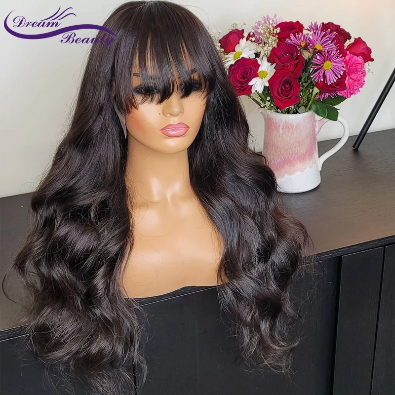 

30 inches 13X4 HD Lace Frontal Wig Real Invisible HD Transparent Lace Frontal Human Hair Wigs Black Colored Wavy Wigs With Bang